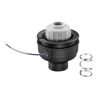 Ryobi Trimmer Spool RAC114, musta-harmaa muoviosa, jonka toisesta sivusta tulee sininen johto, on sijoitettu pienen metallisen kierrejousen viereen.