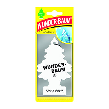 Odświeżacz samochodu Wunder Baum w kształcie drzewa, oznaczony jako "Wunder-Baum" i "Arctic White". Żółte opakowanie przedstawia różne teksty oraz małą grafikę lodowej góry.