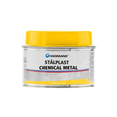 En metallburk med gult lock med etiketten Hagmans Steel Plastic Chemical Metal, avsedd för reparationer.