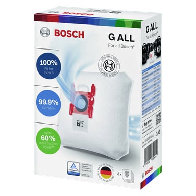 Paket med Bosch/Siemens G dammsugarpåsar, fyrpack. Lådan visar funktioner som perfekt passform, 99,9 % filtreringseffektivitet och upp till 60 % ökad sugkraft. Inkluderar fyra tysktillverkade väskor med bilder som visar en väska och kompatibla Bosch vakuummodeller.