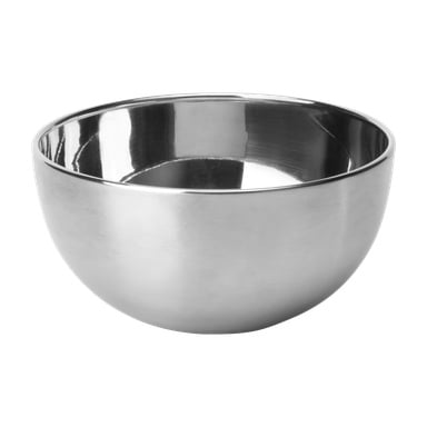 En medelstor Menuett-skål i rostfritt stål med en glänsande, reflekterande finish. Skålen ser ren ut, oanvänd och har en enkel, odekorerad design.