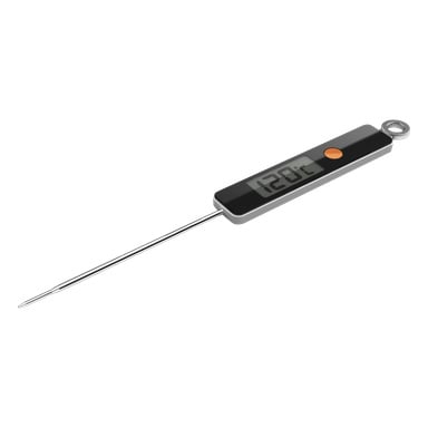 Et Menuett-kjøtttermometer med metallprobe, svart håndtak, oransje knapp og liten hengende løkke viser en temperatur på 128°C på displayet.