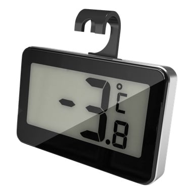Et Menuett-termometer med krok viser -3,8°C på skjermen og har en svart ramme med en blank, reflekterende finish.