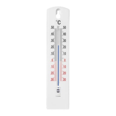 Pystysuora Marquant-lämpömittari näyttää lämpötilat sekä Celsius- että Fahrenheit-tasolla, ja sininen neste näyttää noin 20°C (68°F).