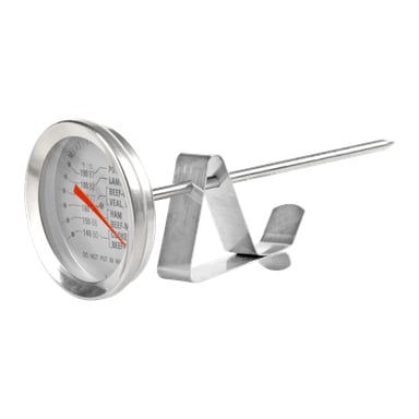 Ein Menuett-Bratthermometer mit Metallstiel enthält ein Zifferblatt mit Temperaturanzeigen und verschiedenen Fleischsorten, mit einer roten Nadel und einem Metallclip am Stiel.