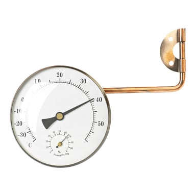 Marquant-lämpömittari ja kupariputkeen kiinnitetty kosteusmittari näyttävät lämpötilan lähellä 39°C:ta, ja alla oleva kosteusmittari näyttää noin 55 % suhteellista kosteutta.