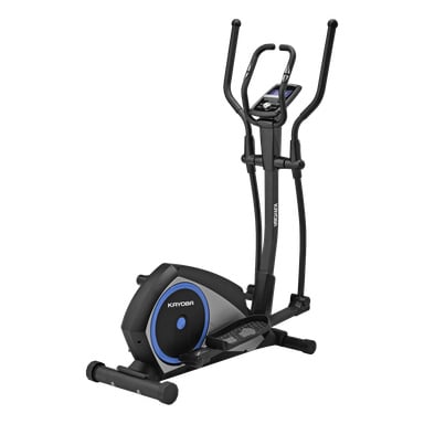 Ein schwarzer Kayoba Cross-Trainer mit blauen Akzenten hat Pedale sowie feste und bewegliche Lenker. Zwischen den Lenkern befinden sich ein digitales Display und ein Widerstandsregler.