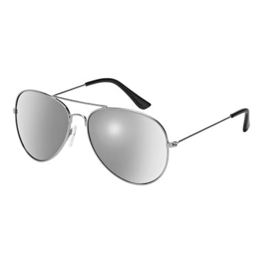Okulary Kayoba z srebrnymi oprawkami w stylu lotniczym, lustrzanymi szkłami, smukłą metalową konstrukcją, czarnymi końcówkami uszu i regulowanymi poduszkami nosa. Okulary są fotografowane z lekkiego kąta.
