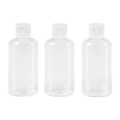 Kolme läpinäkyvää Kayoba Travel Bottle -pulloa, myydään kolmen kappaleen sarjana, seisovat pystyasennossa rivissä, joissa on valkoiset flip-top-kannet.