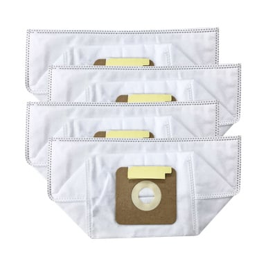 Fyra överlappande rektangulära vita Menuett-dammsugarpåsar från en fyrpack, var och en med en brun kartongkrage med en rund mittöppning och en gul fästflik upptill.