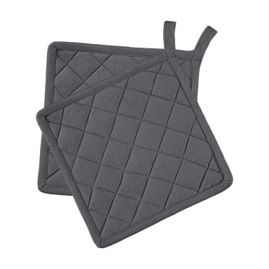 Två fyrkantiga, mörkgrå quiltade grytlutor med 2-pack enheter och hängöglor.