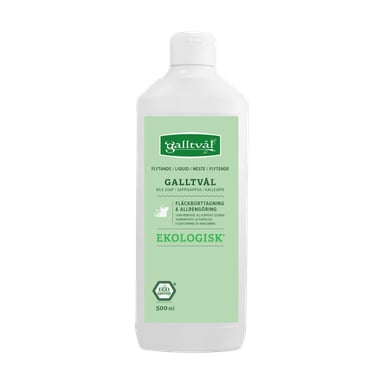 En 500 ml vit flaska Galltvål Ox-gall-tvål med grön etikett som visar produktdetaljer, vilket betonar dess miljövänliga formel och effektivitet på att ta bort fläckar.