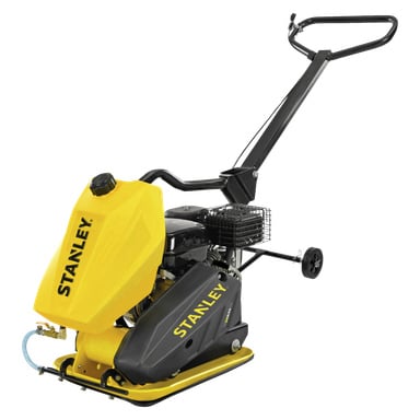 Stanley Vibrator -levy SGC-13000N-T, esitetty keltaisena ja mustana, mustalla kahvalla, polttoainesäiliöllä, moottorilla ja pyörillä, on tarkoitettu maaperän tiivistämiseen rakennus- tai maisemointityömailla.