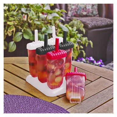Menuett Ice-lolly-formar med sexpack och innehåller fem fruktfyllda formar med röda, svarta och vita lock.