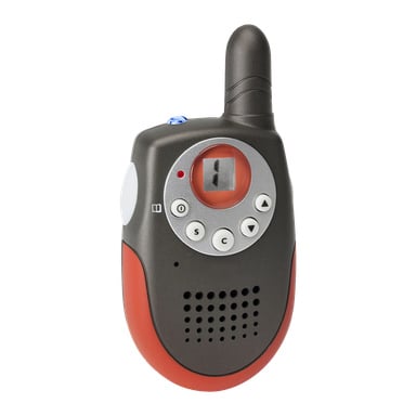 Pakiet Marquant Walkie Talkie 2 prezentuje elegancką, przenośną konstrukcję z małym ekranem, różnymi przyciskami sterującymi, kratką głośnika i krótką anteną. Urządzenia są czarne z charakterystycznym czerwonym akcentem u dołu.