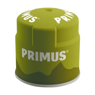 Vihreä Primus Gas PowerGas -säiliö, jossa on rohkeat valkoiset kirjaimet ja graafinen vuoristokuvio, suunniteltu kannettaville retkeilyuuneille.