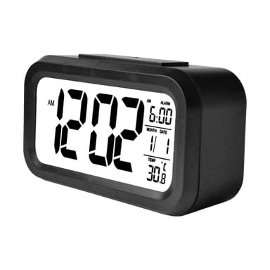 Marquantin digitaalinen herätyskello näyttää kellon 12:02 mustalla näytöllään, ja herätyskuvake näyttää 6:00. Näytössä on päivämääränä 1. tammikuuta ja lämpötilalukema 30,8°C.