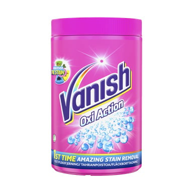 En rosa burk Vanish Stain Remover Oxi Action med matchande lock, som visar blå och vita bubblor på etiketten och frasen "1st time amazing stain removal" nära botten.