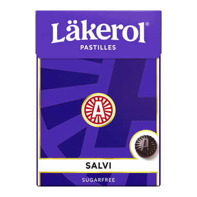 En Läkerol Salvi Big Pack-låda har en lila bakgrund, den karakteristiska röda och vita cirkulära Läkerol-logotypen och "SALVI" skrivet med feta svarta bokstäver över en vit rand. Förpackningen anger också att den är sockrfri.