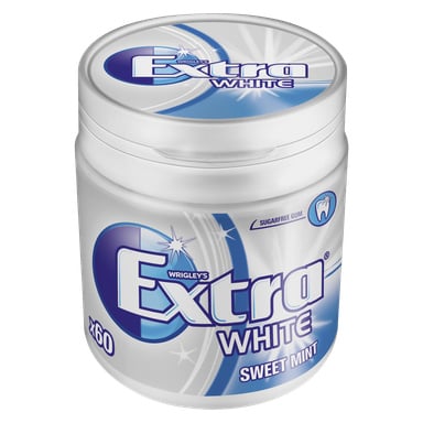 En hvit plastboks med Extra White Sweet Mint tyggegummi, med blå og sølvfargede detaljer, Extra-logoen og en etikett som viser at den inneholder 60 biter.