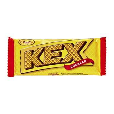 Ett gult Cloetta Chocolate Wafer-paket med djärv, stiliserad KEX-text, ett rött band med CHOKLAD och en kort lapp som anger att det innehåller obeller fyllda med mjölkchoklad.