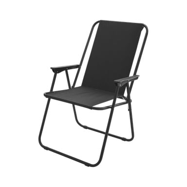 Kayoba Camping Chair er en svart sammenleggbar stol med metallramme, stoffsete og ryggstøtte, samt to armlener.