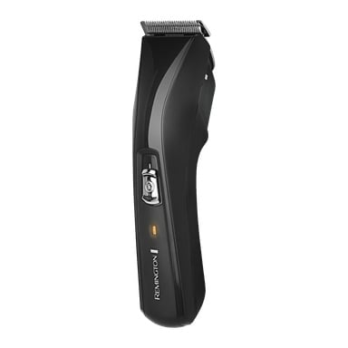 Remington Rechargeable Hair Clipper Pro Power HC5150, w kolorze czarnym, stoi pionowo, pokazując metalowe ostrze, przełącznik zasilania i pomarańczowe światło z przodu. Korpus maszynki łączy błyszczące i matowe faktury.
