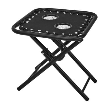 Ett svart Kayoba vikbart sidobord med en fyrkantig tygskiva som hölls fast med bungeesnören längs kanterna och två runda mugghållare i nät i mitten.