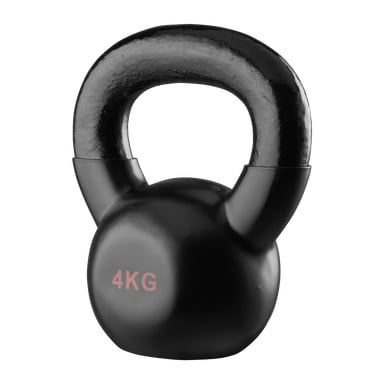 En Kayoba kettlebell merket 4KG vises. Den har et bredt, buet håndtak og en blank, polert finish.