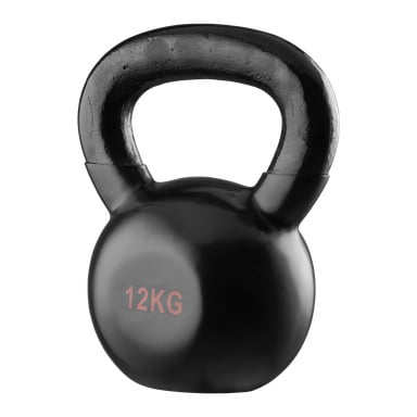 En skinnende svart Kayoba kettlebell har en rød 12KG-etikett foran som viser vekten.