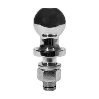 Et nærbilde av Hamron Towbar hitch ball viser dens polerte, reflekterende metalloverflate festet til en gjengede aksel med en sekskantmutter.