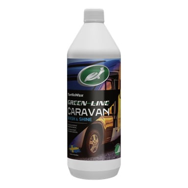 Vit flaska Turtle Wax Green Line Caravan Wash & Shine med skruvkork, grön och vit branding, husvagnsbild och detaljer.