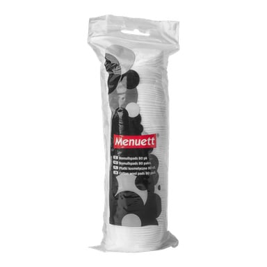 En stabel med hvite bomullspads i en gjennomsiktig plastlomme merket Menuett Cotton wool pads 80 pack.