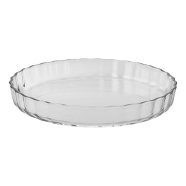 En gjennomsiktig, rund Menuett Pie-form med rillekanter vises. Den tomme glassskålen har en jevn bunn og fremhever sin klare konstruksjon.