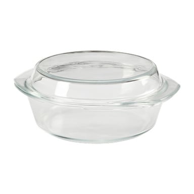 Menuettugn: en rund ugnform i glas med integrerade handtag och matchande glaslock.