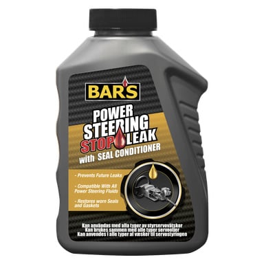 En svart plastflaska med Bars Steering servoförsegling. Förpackningen anger att den stoppar läckor, reparerar tätningar och packningar och fungerar med alla typer av servostyrningsvätska.