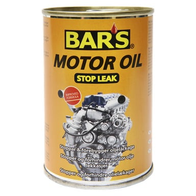 En burk med Bars Oil Leak Seals visas, med en bild på en bilmotor och produktnamnet i tydliga fetstil. Etiketten beskriver hur produkten stoppar och förhindrar oljeläckor och framhåller att det är en förbättrad formel.