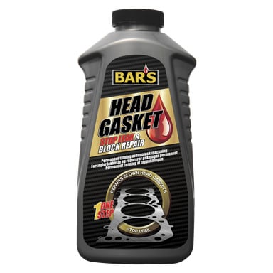 En svart flaska Bars Seal Cylinder Head Gasket-reparation visar en röd droppbild, silvertext och detaljer om att laga spruckna topplockspackningar på frontetiketten.