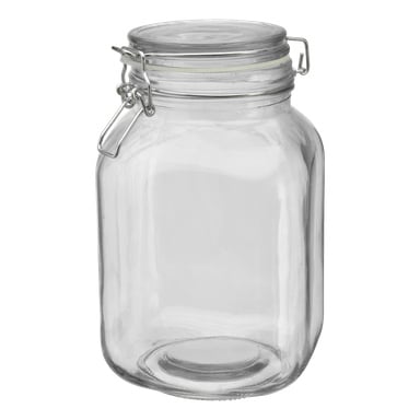 En Menuett-glasburk med en gungstoppare står upprätt och visar sin transparenta kropp, metallklämma och gummipackning.