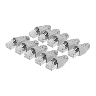 Tio grå Nedis RJ45-kontakter från ett 10-pack är prydligt arrangerade i två rader, alla vända åt samma håll.