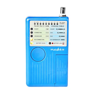 Niebieski tester kabli Nedis z panelem wyświetlającym pokazuje kontrolki statusu dla kabli RJ-45, RJ-11, USB i koncentrycznego. Tester wyświetla wyniki łączności, wykrywa zwrotnice, wskazuje żywotność baterii i prezentuje wiele wyników testów.