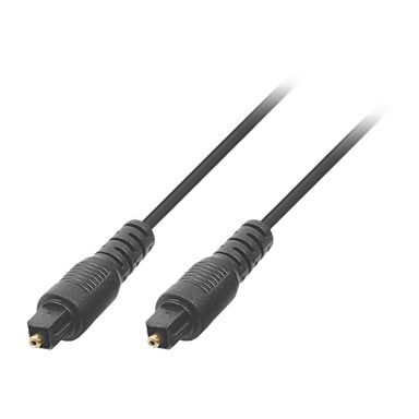 Zbliżenie dwóch kabli audio Nedis Optical z czarnymi złączami TOSLINK, oba ustawione do przodu, z przewodami ciągnącymi się w przeciwnych kierunkach.