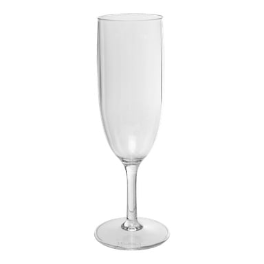 Läpinäkyvä, käyttämätön Nordiska Plast Champagne -lasi seisoo pystyasennossa.