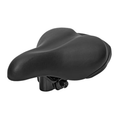 Kayoba Children's Bike Saddle har en bred, polstret struktur med en matt svart overflate. Setet er festet til en kort setepinne.