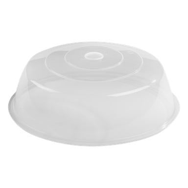 Ett transparent, runt mikrovågsskydd av plast, med en liten ventil på toppen. Den är avsedd att placeras över fat eller skålar för att förhindra stänk vid uppvärmning av mat.