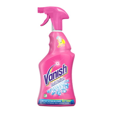 En rosa Vanish Oxi Action fläckborttagningssprayflaska med avtryckarmunstycke, med varumärkeslogotyp, blå bubbelgrafik och framsida som framhäver snabb fläckborttagning och effektiva resultat efter en användning.