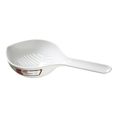 Vit plast-Menuett-sil med långt handtag och dräneringsspår, med en produktetikett där det står ESSENTIALS och Rice.