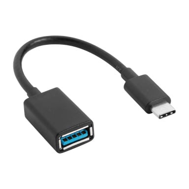 Kuvassa on Nedis USB-C–US-adapteri, joka koostuu mustasta kaapelista, jonka toisella puolella on USB-C-urosliitin ja toisella puolella USB-A-naarasportti, jossa näkyy siniset sisäiset välilehdet.