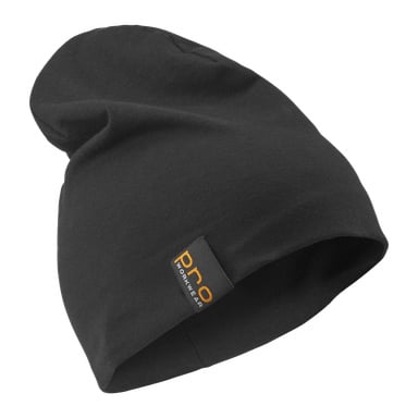 Prosta czapka Bluewear Pro Workwear z małą prostokątną czarną metką przy krawędzi, z napisem "Pro" w pomarańczowym i "Workwear" białym literem. Kapelusz wykonany jest z miękkiego, elastycznego materiału.