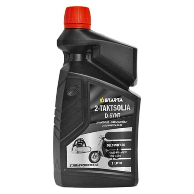 En svart 1-litersflaska Starta semisyntetisk motorolja 2-T D med röd kork, med en etikett med produktdetaljer och en bild på en gokart.